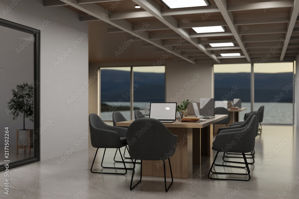Obraz premium Modern Boardroom Interior with Wooden Conference Table Laptop and Scenic Water View