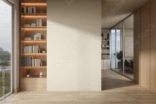 Modern Office Interior with Blank Wall Mockup Wooden Bookshelf and Glass Partition