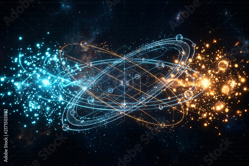 Collision of cyan and orange quantum energy particles and atomic orbits