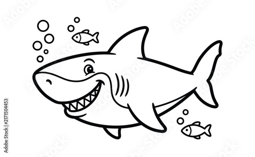 A cute cartoon shark swimming with small fish in the ocean for a children coloring page