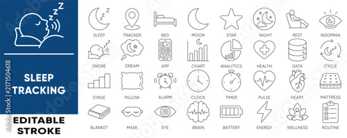 Sleep tracking and health line icon set. Editable stroke vector icons for insomnia, wellness, sleep cycle, bed, and tracker app. Clean modern design.