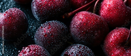 Close up macro shot of ripe cherries covered in water droplets dark background