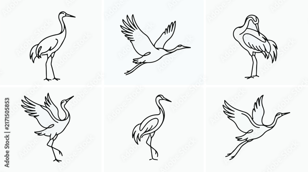Naklejka premium A set of six crane bird in various poses line art vector icon illustration on a white background 