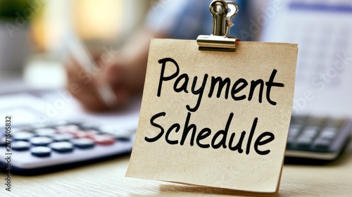Payment schedule note on desk with calculator and calendar in office