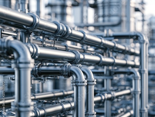 Industrial piping system network of metal pipes and joints