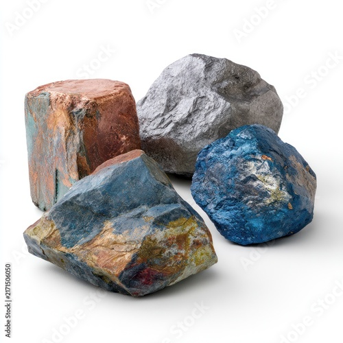 Assortment of colorful rocks with textured surfaces on white background