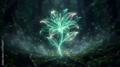 Magical glowing green flower glowing with ethereal light in a dark enchanted forest glowing plant fantasy flora mystical plant shining blossom magic nature