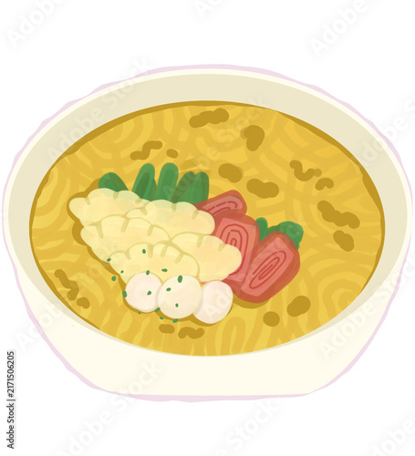 Delicious Japanese ramen noodle soup bowl with toppings