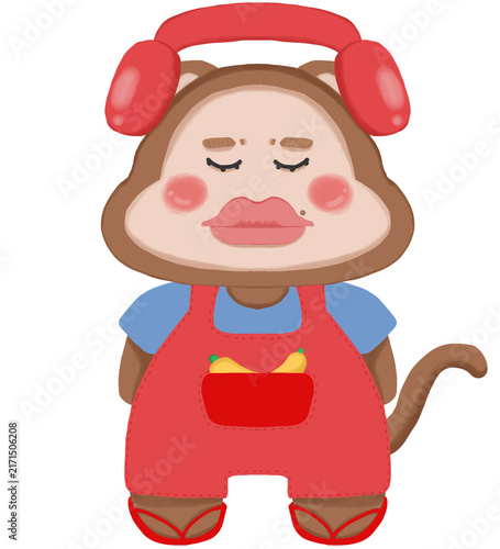 Cute monkey character with red headphones listening to music