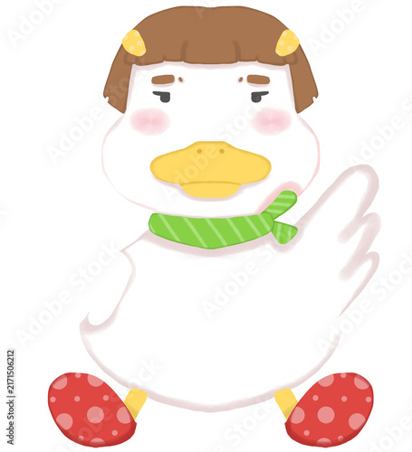 Cute white duck character with green scarf and bored expression
