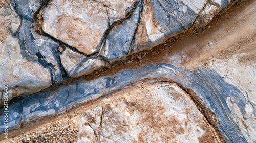 Aerial view of blue and brown rock layers with cracks and soil