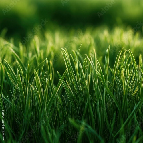 Close up of vibrant green grass blades with soft sunlight and bokeh background