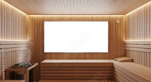 Modern wooden sauna interior with benches, soft lighting, and a blank white screen on the wall, perfect for relaxation and wellness.