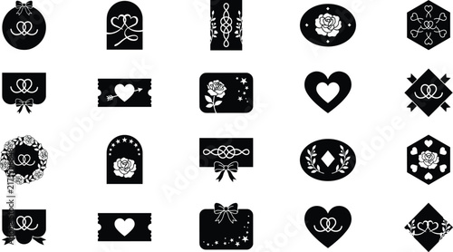 Black and white wedding and valentine set with hearts, roses, and bows