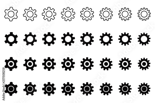 Set of black and white gear icons showing various design styles and variations with mechanic