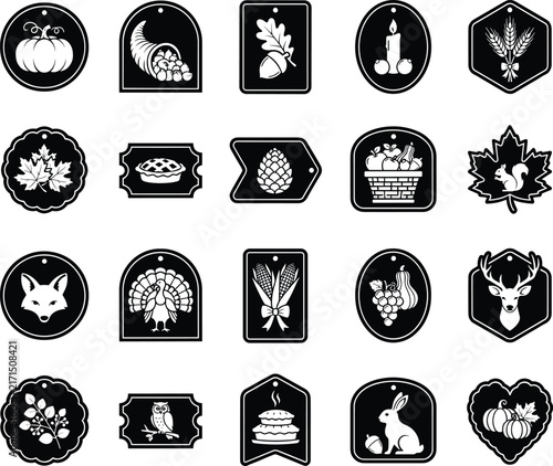 Set of autumn and thanksgiving black and white gift tags