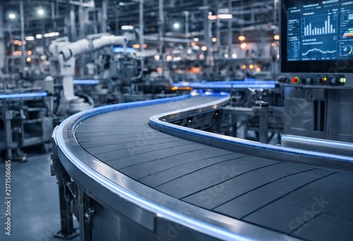 Modern curved conveyor belt in an automated manufacturing facility, featuring metallic machinery, blue lighting, reflective surfaces, shallow depth of field, and futuristic industrial technology.