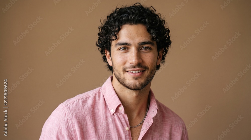 Fototapeta premium Portrait of a handsome young man with curly hair and a beard, wearing a pink shirt, smiling warmly at the camera against a neutral brown studio background