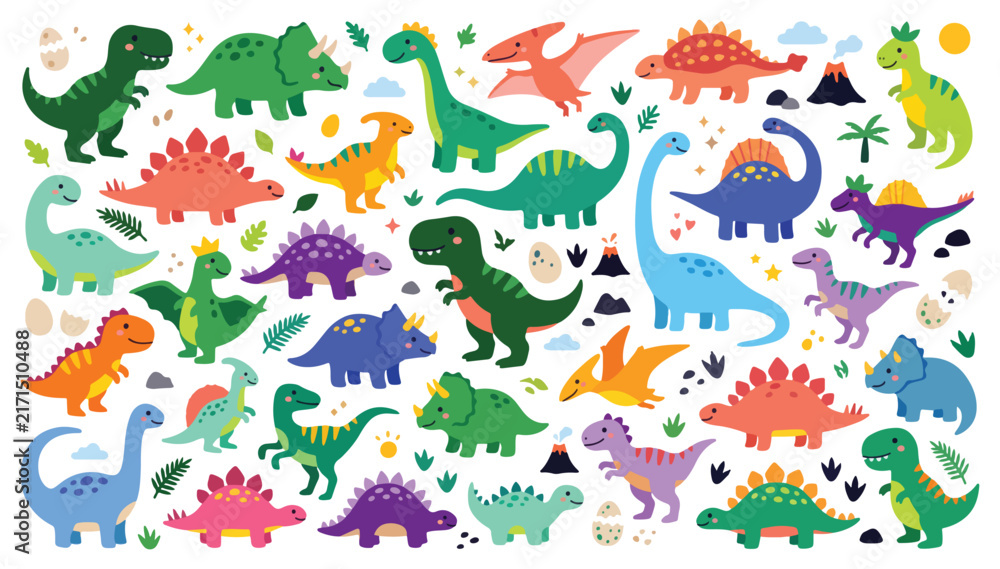 Fototapeta premium Cute dinosaurs seamless pattern of colorful cartoon dino vector background for kids