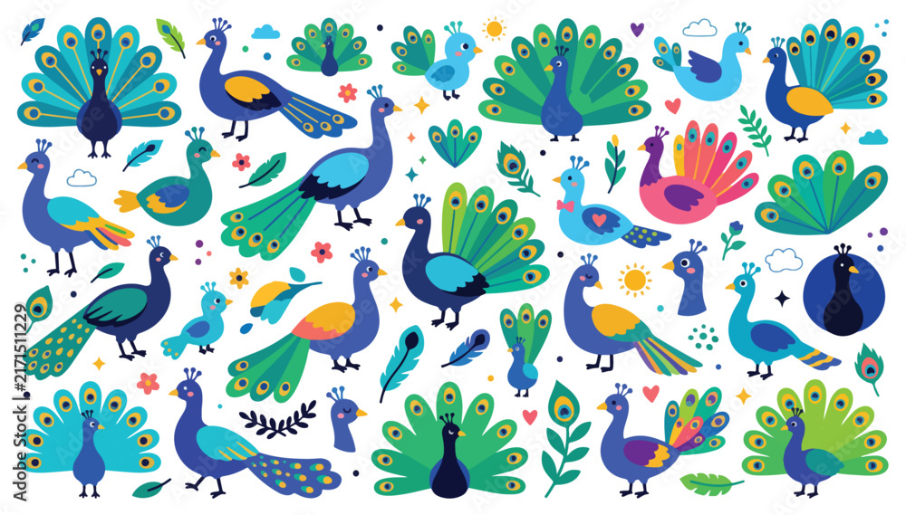 Fototapeta premium Peacock birds seamless pattern with colorful feathers and fanned tails vector background
