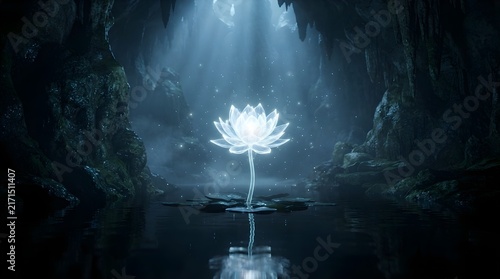 Glowing white lotus flower glowing magically inside a dark subterranean cave with sun rays shining from above magical flower cave interior light beam mystical pla