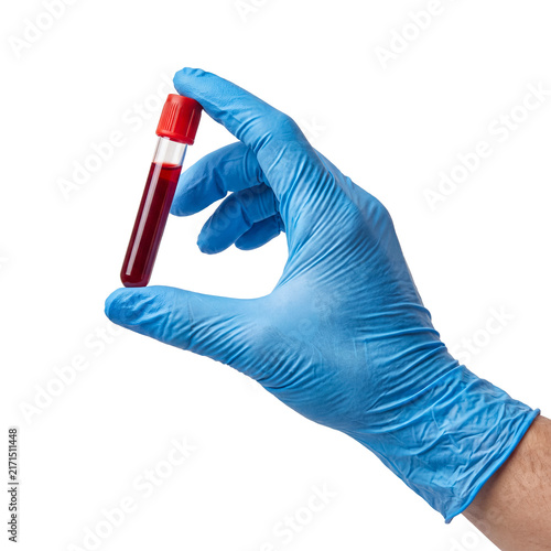 Фотография Gloved hand holding a blood sample test tube with red liquid for laboratory analysis, isolated on transparent