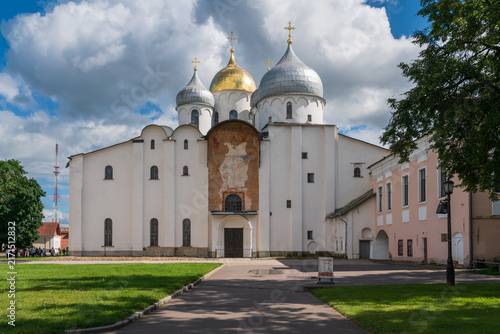 Veliky Novgorod, Russia, August 2, 2025: St. Sophia Cathedral of the Novgorod Kremlin on a sunny summer day