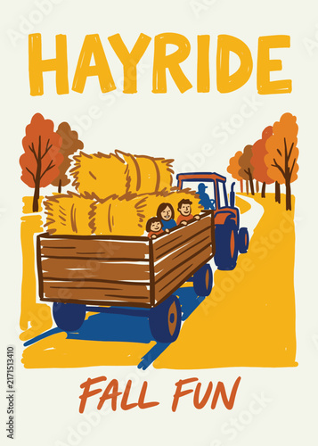 Autumn hayride illustration with family on a tractor trailer for seasonal fall fun