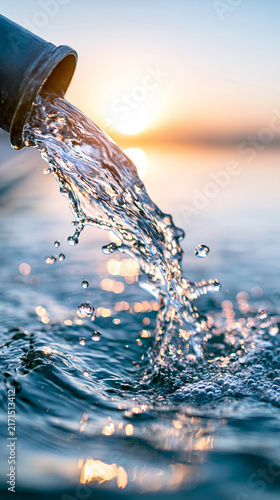 Water flows from a pipe into a body of water during sunset, with glistening droplets and a calm, serene atmosphere.