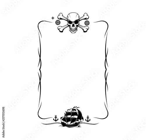Bild auf Leinwand Pirate frame with corsair ship, Jolly Roger skull crossbones and sailboat anchors on sea wave border