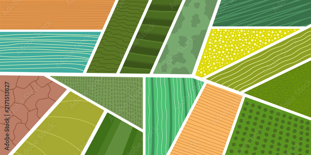 Naklejka premium Rural farm field top view, agriculture green and brown plantation background. Cartoon aerial farmland and countryside landscape abstract pattern with farm field, vineyard and garden top view
