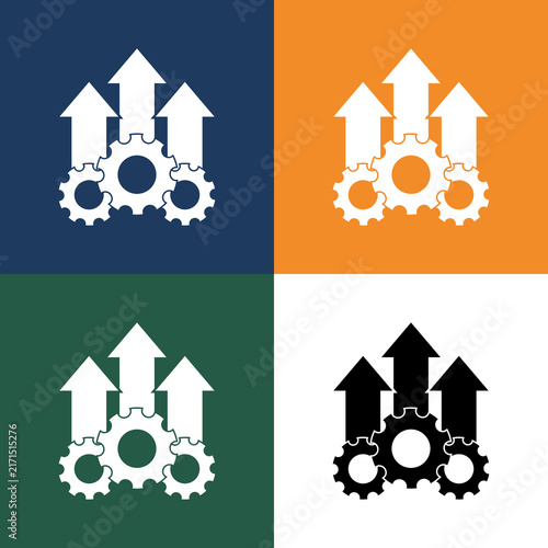 Four variations of business growth icons featuring gears and arrows in different background colors