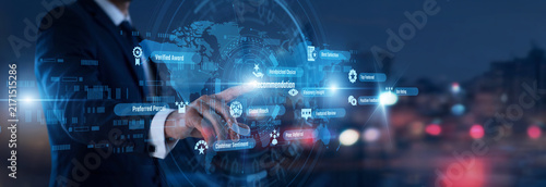 Personalized choices. System hand touching Recommendation words and icons on a smart display. Utilizing user data and smart algorithms to suggest relevant products and custom content.