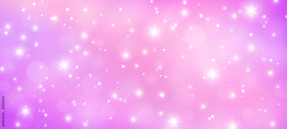 Naklejka premium Fairy iridescent gradient magic sky background, rainbow pink and purple glitter sparkles and stars layout. Vector pastel light with dreamy holographic texture, soft fantasy glow and bubble effect