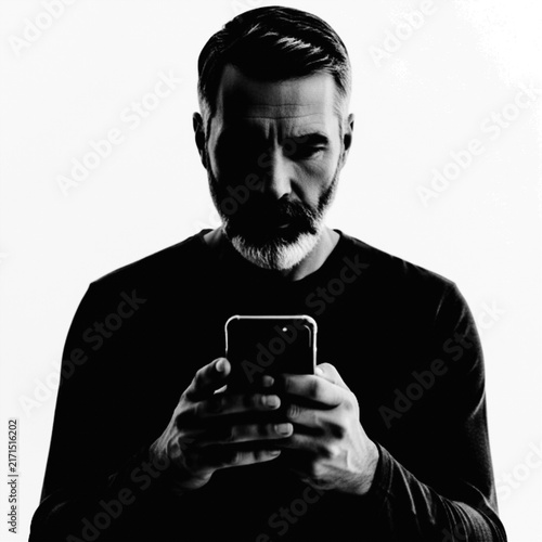 Man using smartphone with focused expression illustration