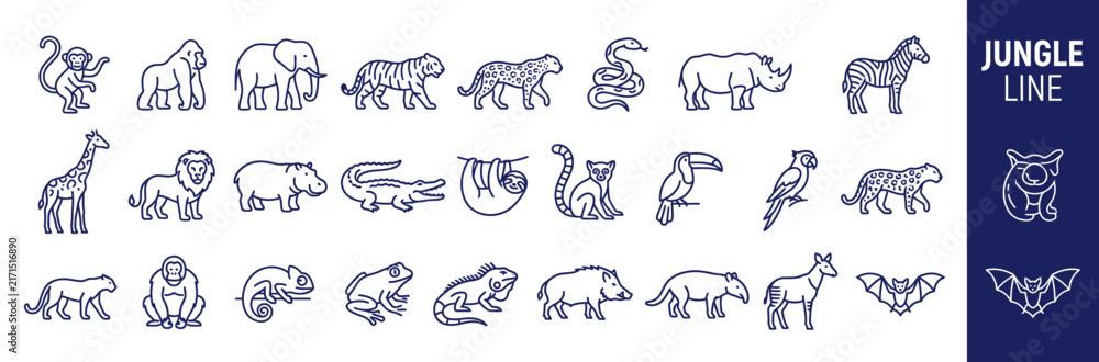 Naklejka premium Jungle Animals Line Art Collection