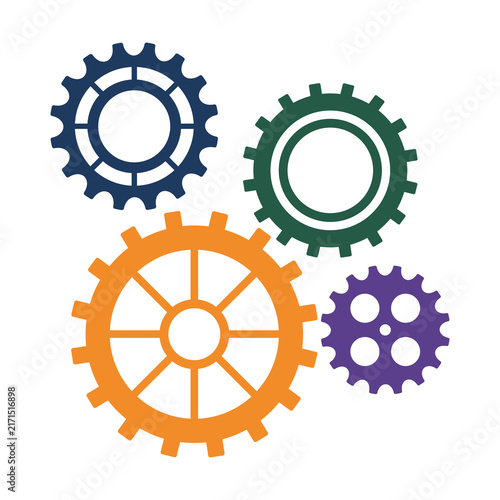 Group of multicolored mechanical gears interacting together as a cooperative system with cogwheel