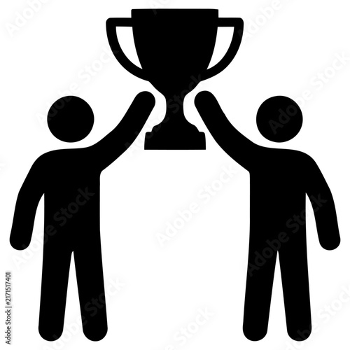 Obraz na płótnie Two stylized figures vector graphic illustration holding aloft a large champion