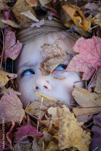 Child peeks through fallen autumn leaves