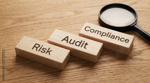 Wooden blocks labeled risk audit and compliance sitting on a textured oak desk with magnifying glass