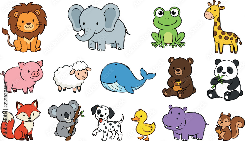 Obraz premium Cute Cartoon Wild and Domestic Animal Vector Illustration Set Featuring Lion Elephant Giraffe Panda Bear Koala Whale and Farm Creatures for Nursery Designs