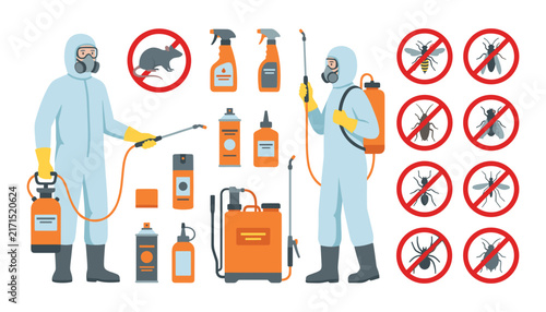 Pest Control Service Vector Icon Set with Exterminator Characters in Hazmat Suits Chemical Sprayers Equipment and Prohibited Signs for Insect Prevention Concepts