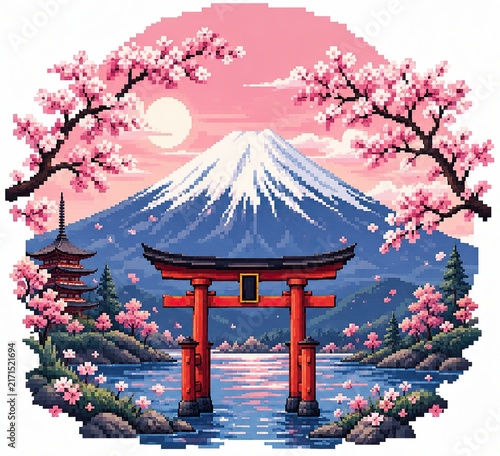 Pixel art Mount Fuji with red torii gate and cherry blossoms in Japan