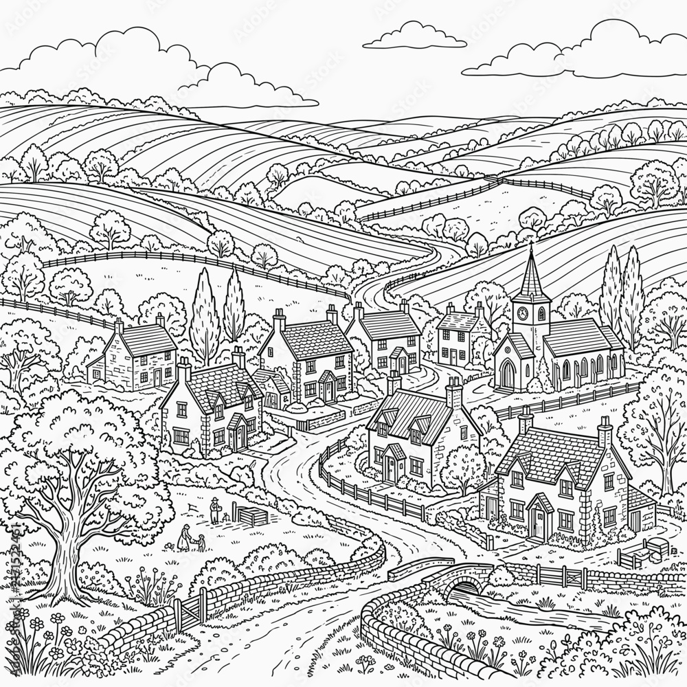 Fototapeta premium English Village Landscape Drawing Coloring Page