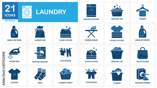 Laundry solid icon set. Washing machine, iron, clothes, detergent. Vectors for cleaning apps.