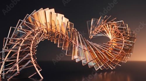 An abstract 3D render featuring multiple transparent glass plates arranged in a dynamic horizontal spiral structure, illuminated by warm golden and amber light against a dark background.