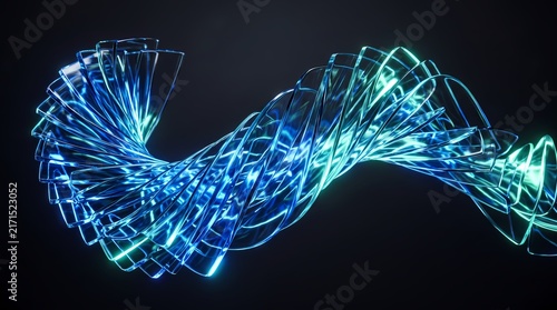 An abstract composition of transparent glass plates shaped into a horizontal spiral, illuminated by vibrant blue and green neon lights against a dark background.