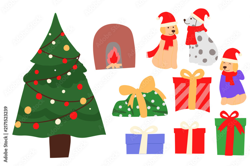 Fototapeta premium Festive Christmas Celebration Collection Decorated Tree, Adorable Dogs in Santa Hats, and Stacked Presents