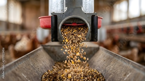 Automated Feed Dispenser Pouring Grain Feed into Poultry Trough Close Up