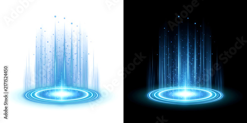 Obraz na plátně Blue magic light portal with rising particle beam and glowing ring for game asse